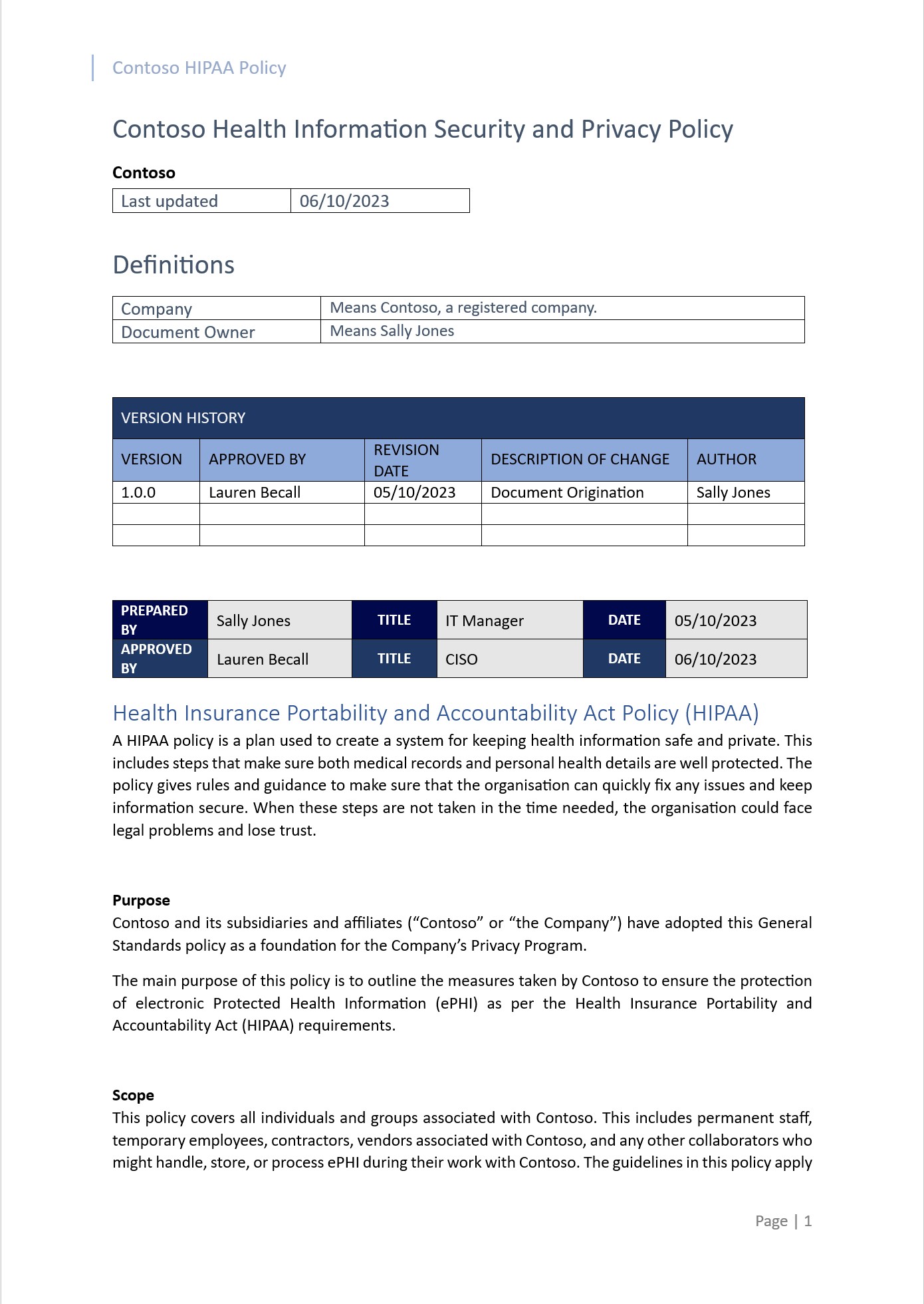 HIPAA-Richtliniendokument mit Definitionen, Versionsverlauf und Zweck.