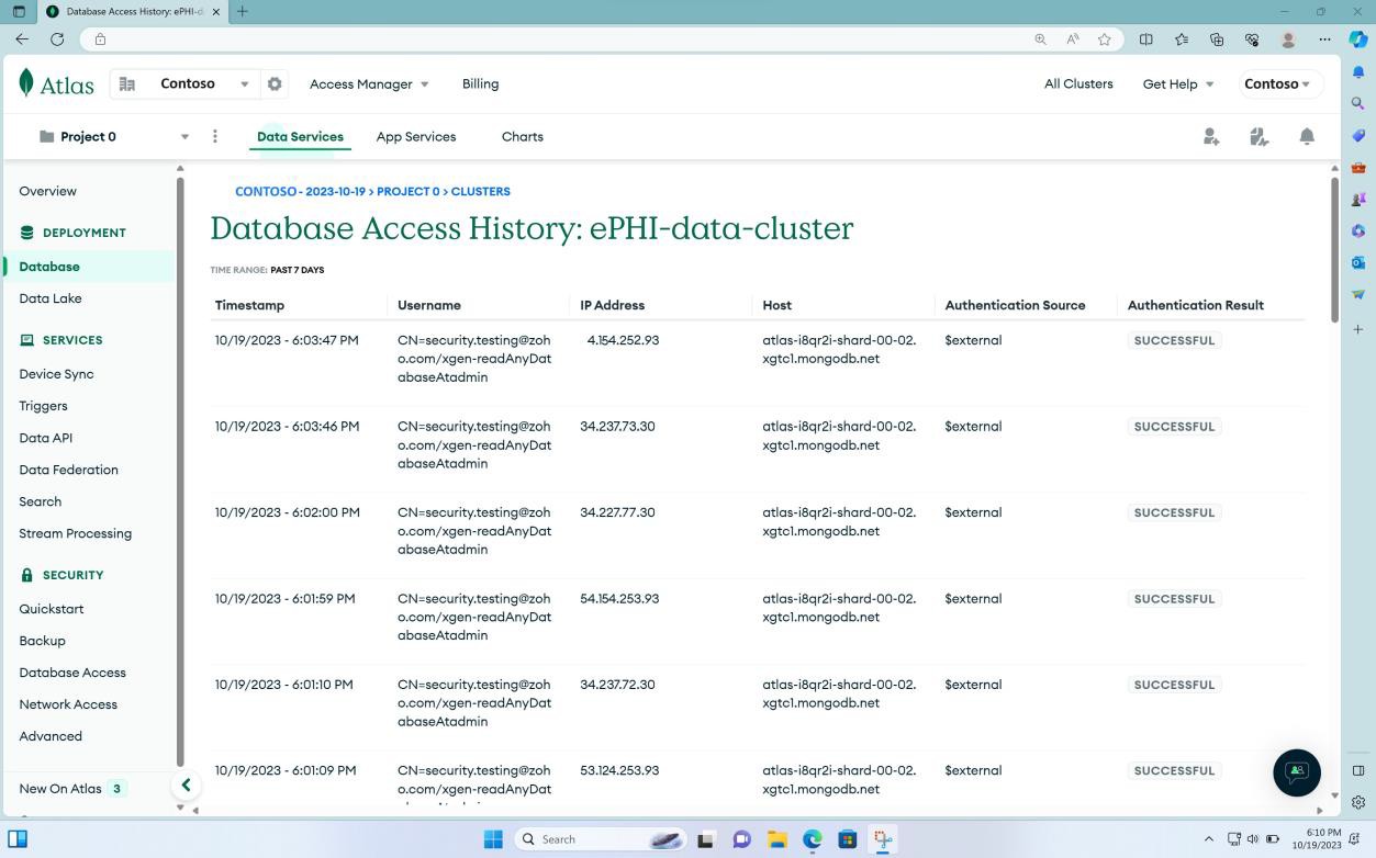 MongoDB Cloud Data Services-Seite mit ePHI-Datenbankzugriffsverlauf.