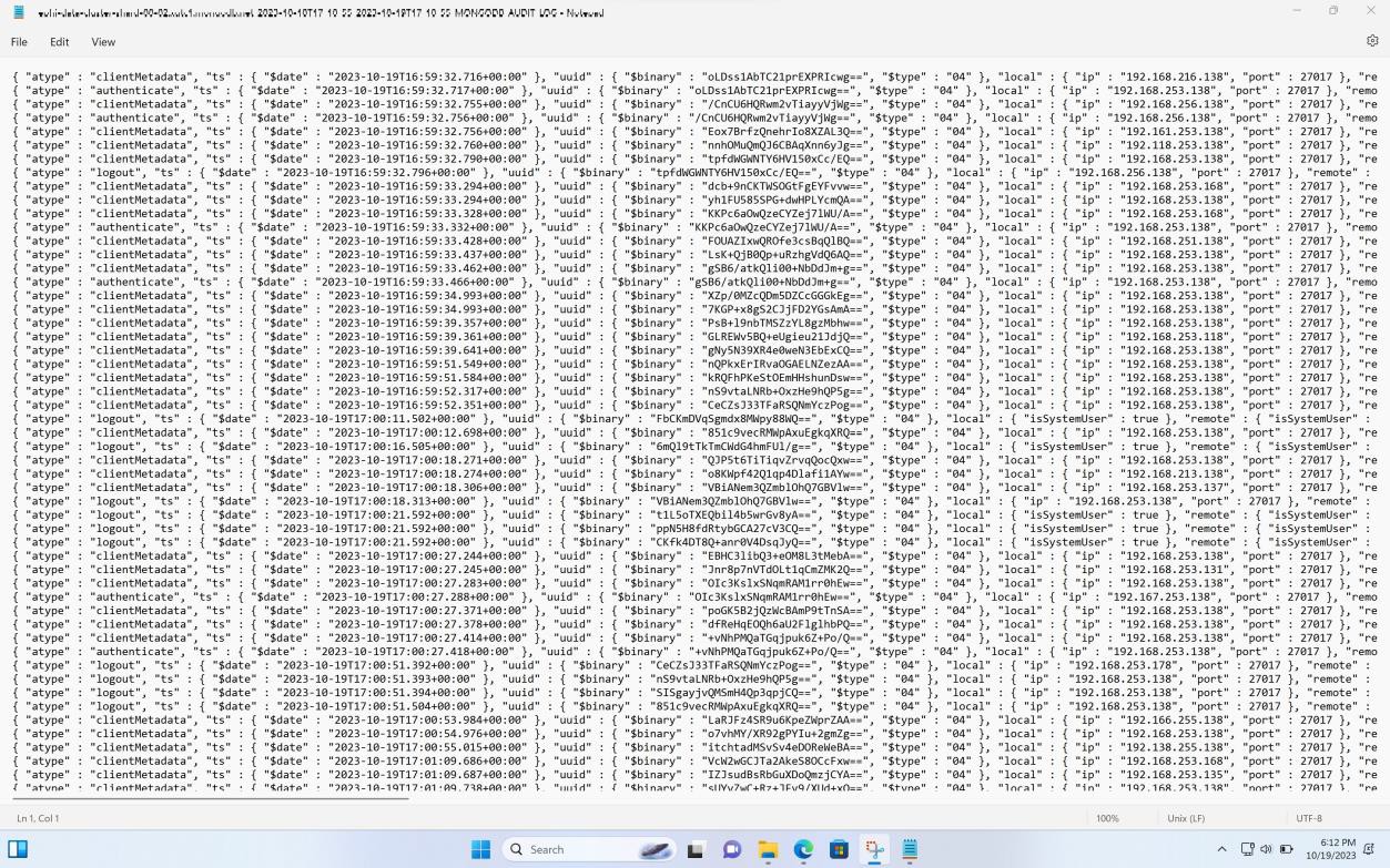 MongoDB Cloud logs download raw MS Notepad page.MongoDB Cloud logs download raw MS Notepad page.