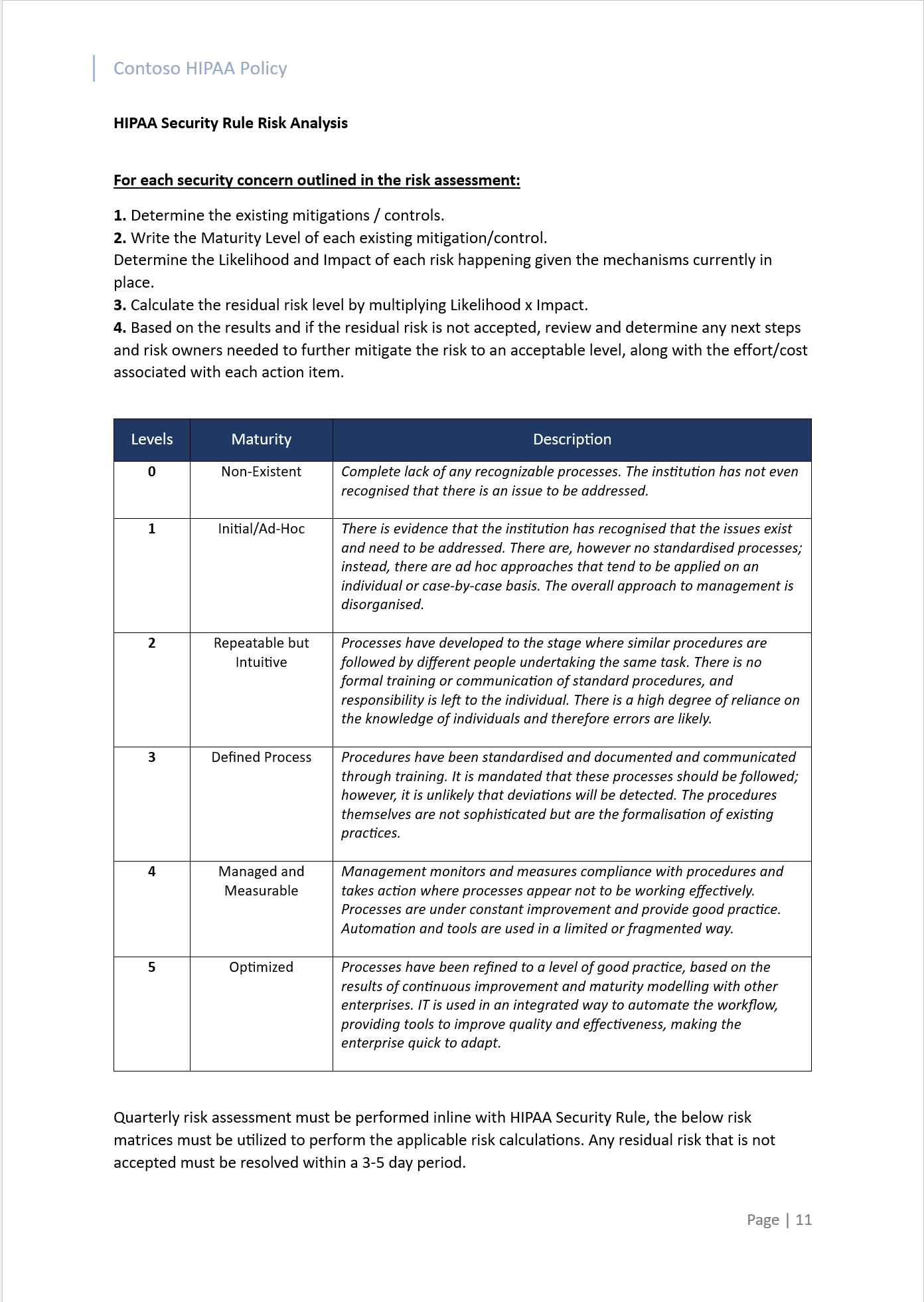 HIPAA-Sicherheitsregelrisikoanalyse mit einer Tabelle pro Problem.