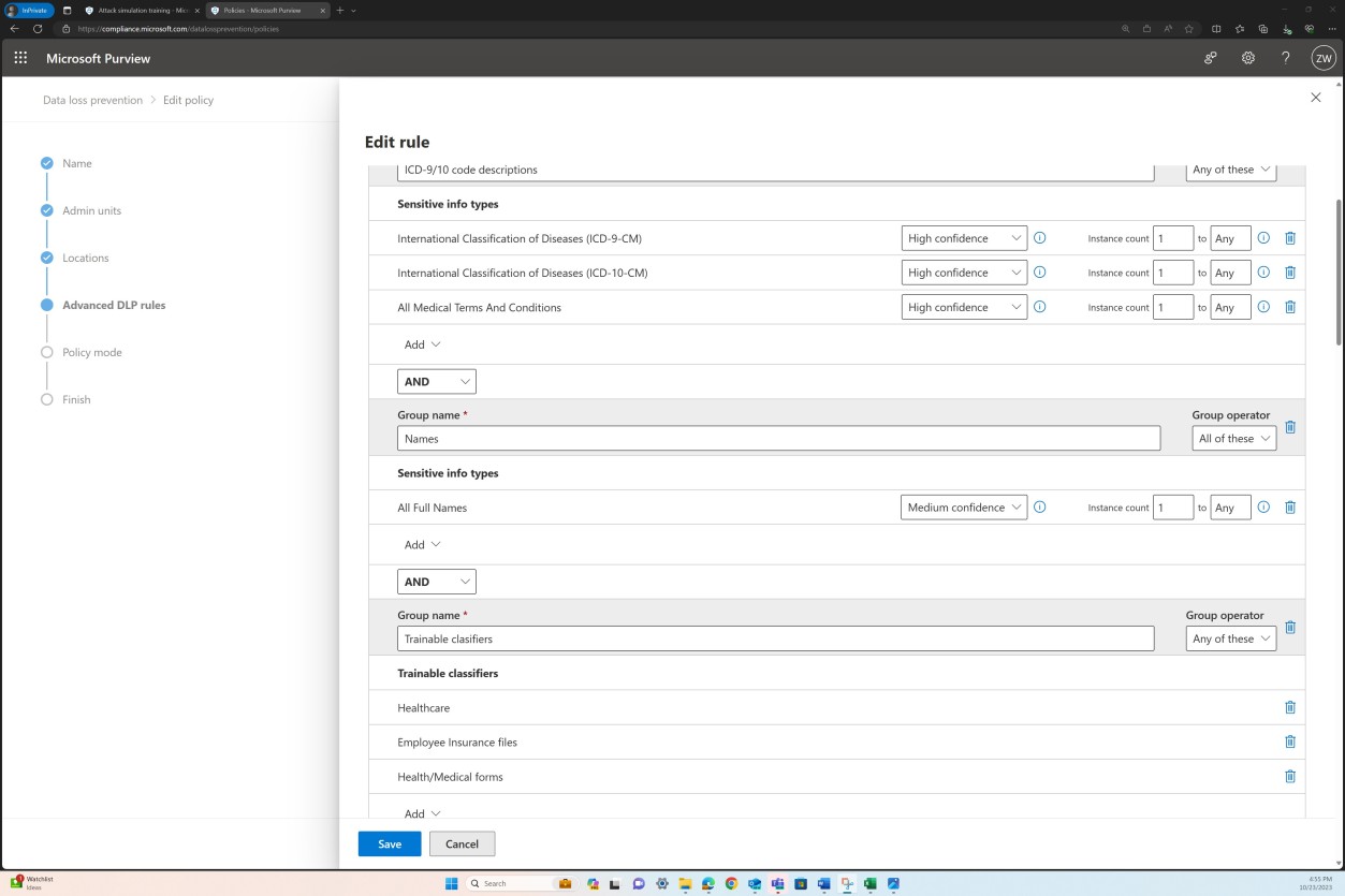 Microsoft Purview-Bearbeitungsregel, vertrauliche Datentypen.