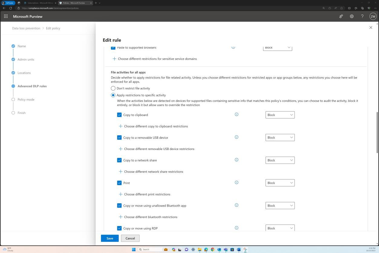 Microsoft Purview DLP-Richtlinieneinstellungen.
