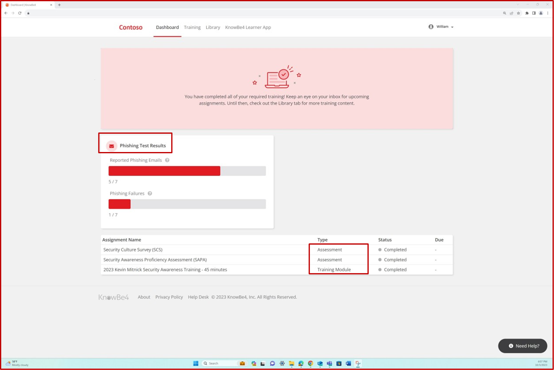 Contoso Dashboard zeigt Trainingssimulationen und Testergebnisse an.