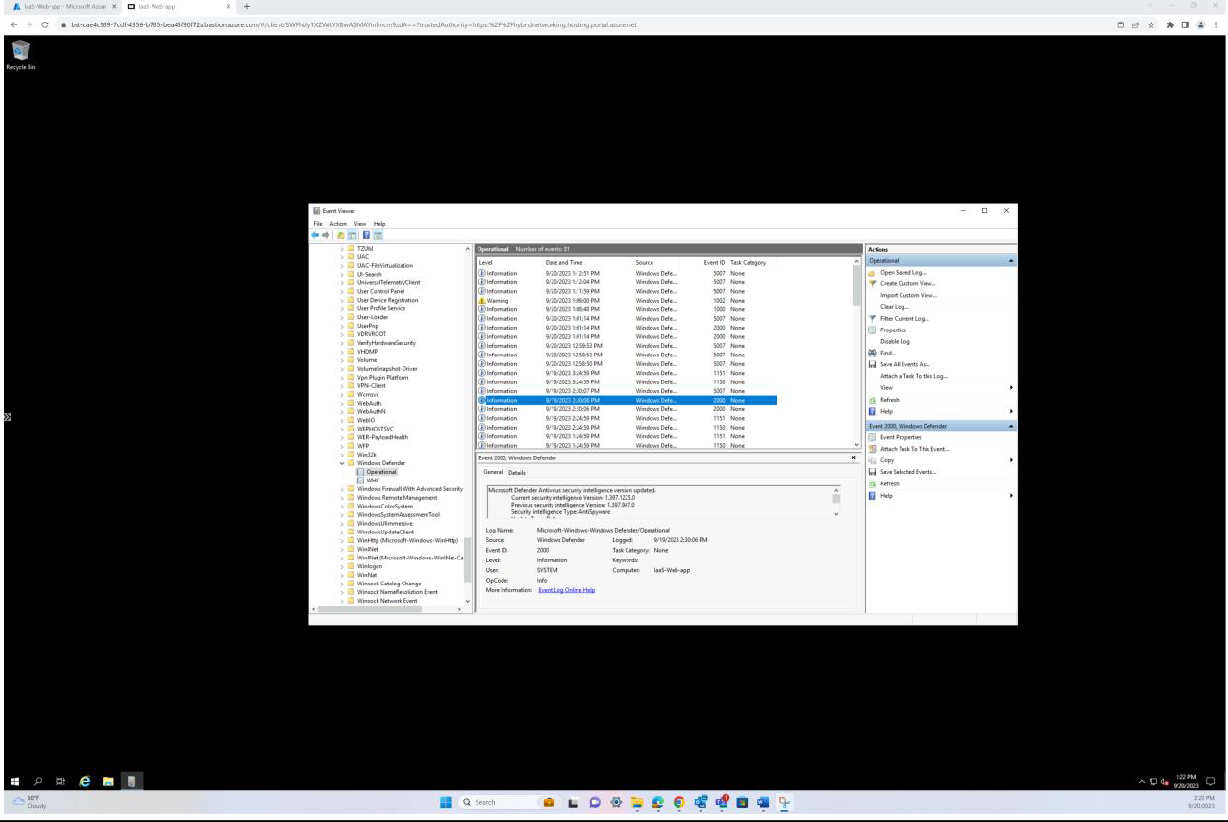 Windows-Ereignisanzeige, IaaS-Web-App mit Details und Aktionen hervorgehoben