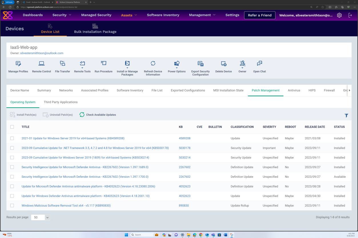 OpenEDR-Patchverwaltung Betriebssystemupdates – Verlaufsliste.