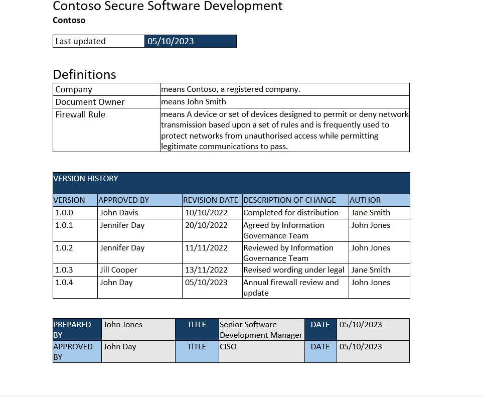 Contoso secure software development policy header with definitions, version history and prepared by .