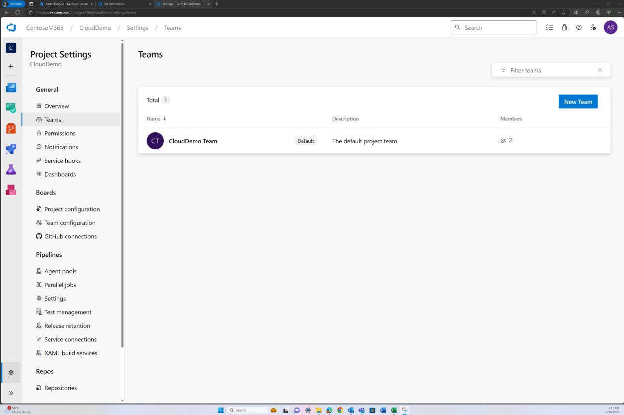 Azure DevOps Teams-Projekteinstellungen für CloudDemo Team.