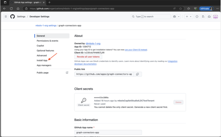 Screenshot of GitHub with Install App highlighted.