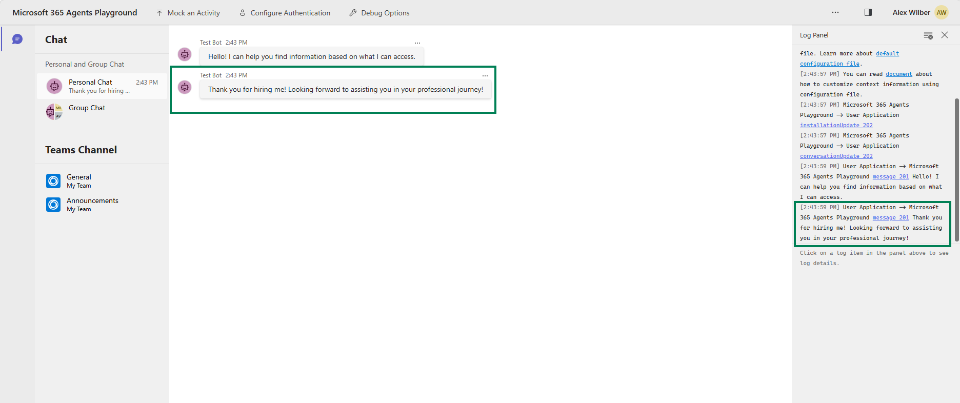 Screenshot der Agents Playground-Schnittstelle mit der Willkommensnachricht des Agenten 