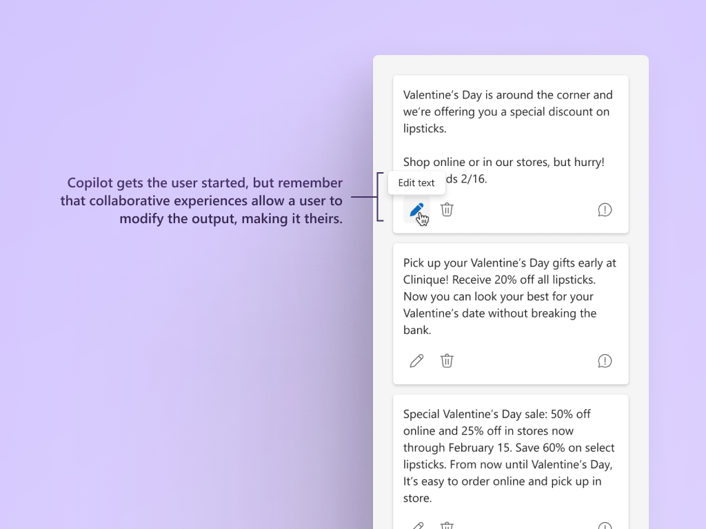 Screenshot, der zeigt, wo sie in einem Copilot-Dialogfeld klicken, um eine Ausgabe zu bearbeiten.