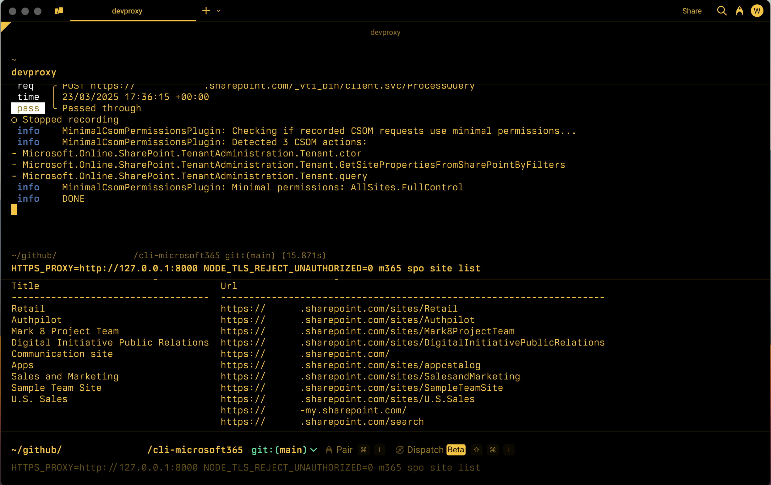 Screenshot einer Befehlszeile mit minimalen Berechtigungen für den Dev-Proxy, die zum Aufrufen der aufgezeichneten Gruppe von SharePoint-CSOM-APIs erforderlich sind.