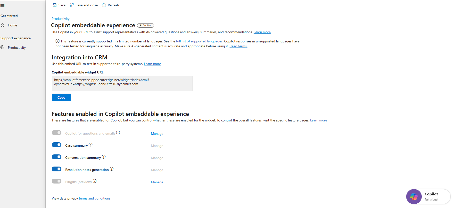 Screenshot mit dem einbettbaren Widget-Administratorbildschirm in Copilot für Service.