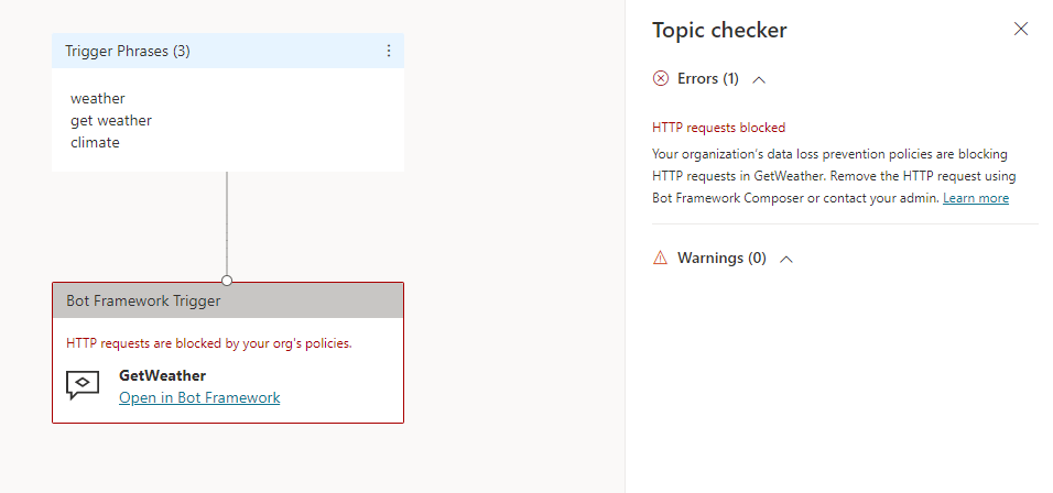 Screenshot des Themenprüfbereichs in Copilot Studio mit einer Fehlermeldung, die anzeigt, dass HTTP-Anfragen blockiert werden.