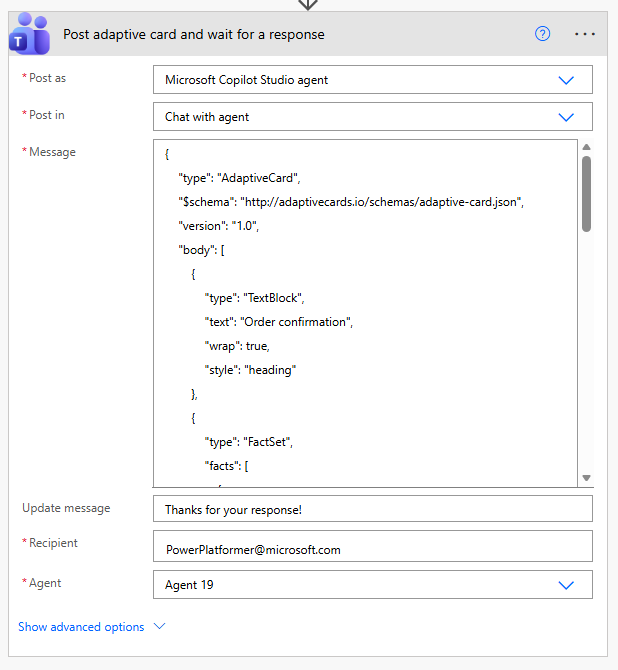 Adaptive Karte posten und auf Antwortaktion in Power Automate warten.