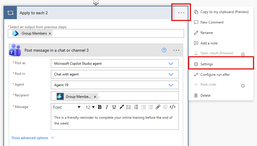 Screenshot der Auswahl der Einstellungen.