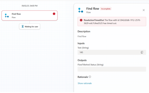 Screenshot der Warnung zum Agent-Flow-Timeout.