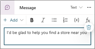 Screenshot eines Nachrichtenknotens auf der Autorenoberfläche von Copilot Studio.