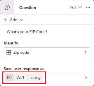 Screenshot eines Frageknotens mit hervorgehobenem Standardnamen und Typ der Variablen.