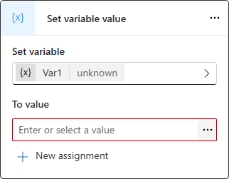 Screenshot eines Knotens „Variablenwert festlegen“ mit einer neuen Variablen unbekannten Typs.
