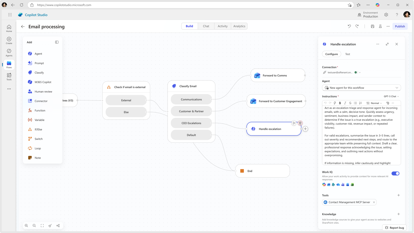 Screenshot des Copilot Studio-Designers mit einem veröffentlichten Workflow mit einem Trigger und mehreren Aktionen.
