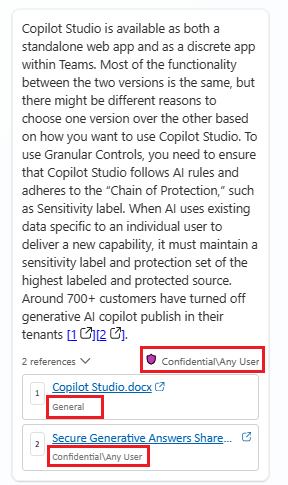 Screenshot einer Bezeichnung „vertraulich und jeder Benutzer“ in einer Agent-Antwort im Web. Die Beschriftungen für einzelne Verweise werden unter jedem Verweis angezeigt.