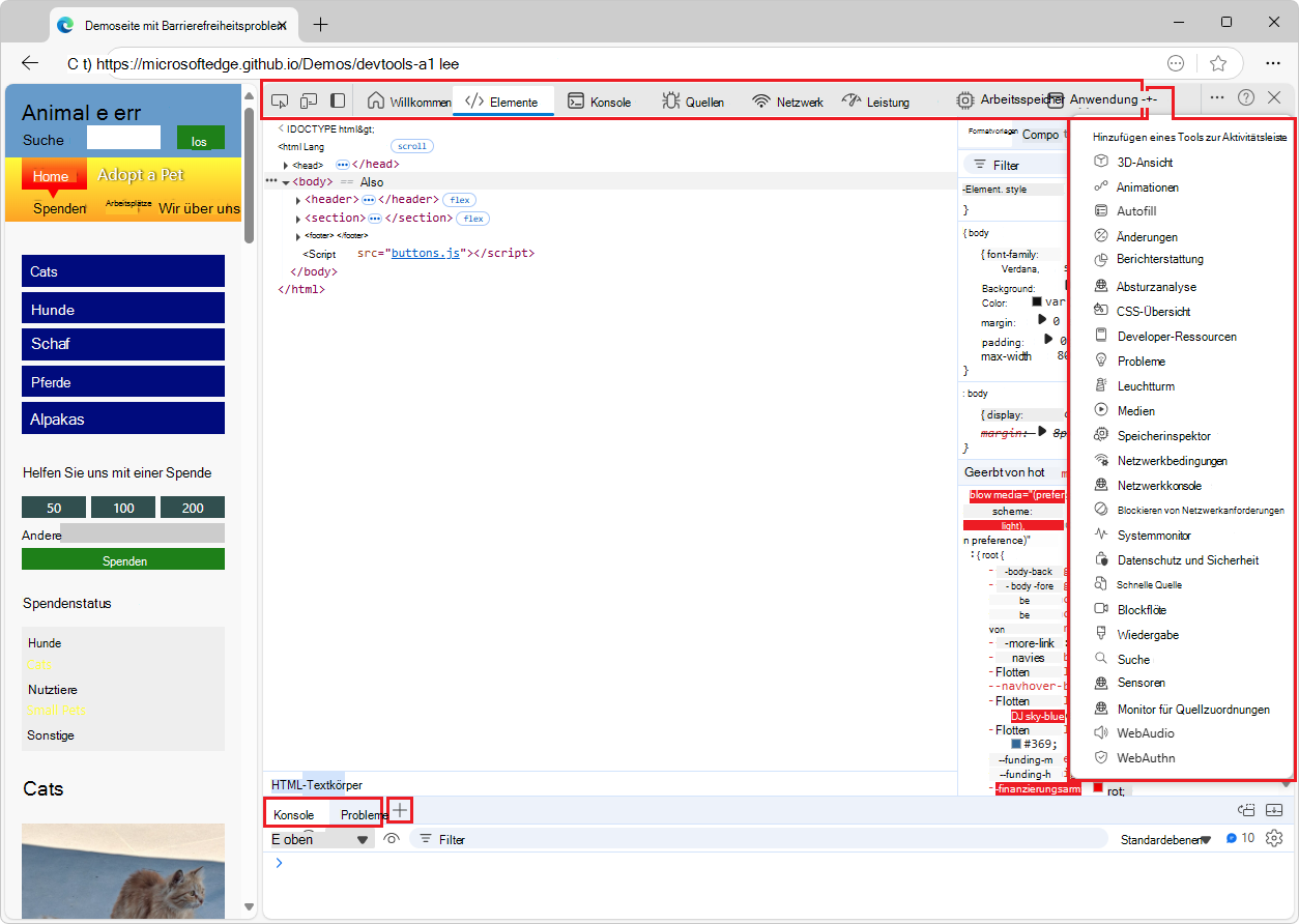 Die Standardtools, einschließlich zwei Symbolen und acht Registerkarten in der Aktivitätsleiste