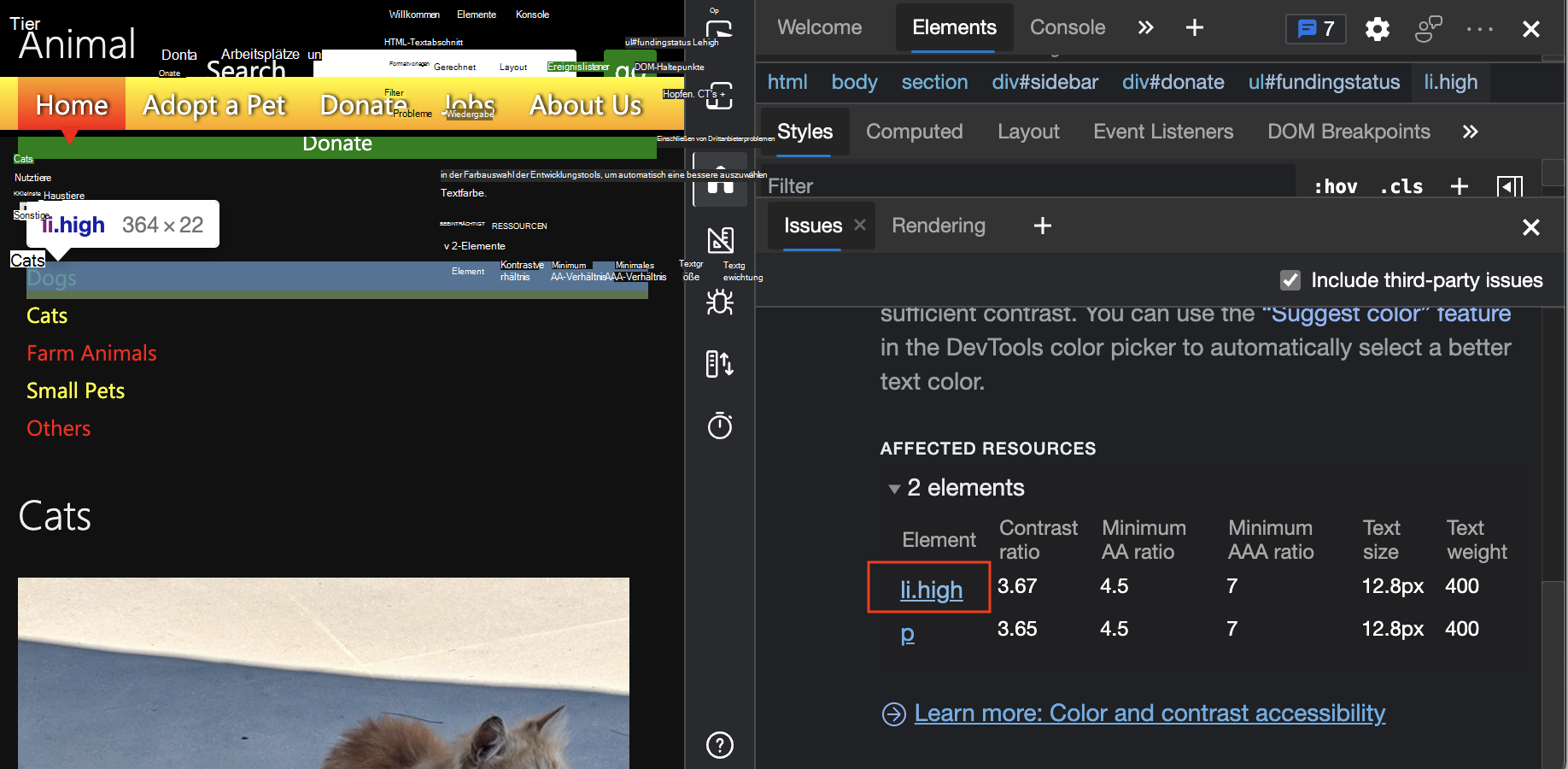 Element auf der Webseite, das nach dem Klicken auf einen Link im Abschnitt Betroffene Ressourcen hervorgehoben wurde