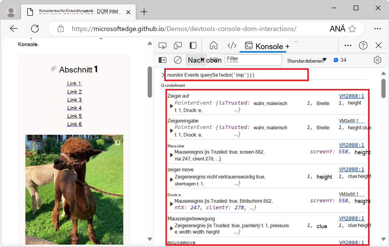 Das Konsolentool mit der Liste aller Mausereignisse, die auf dem Bild ausgelöst werden