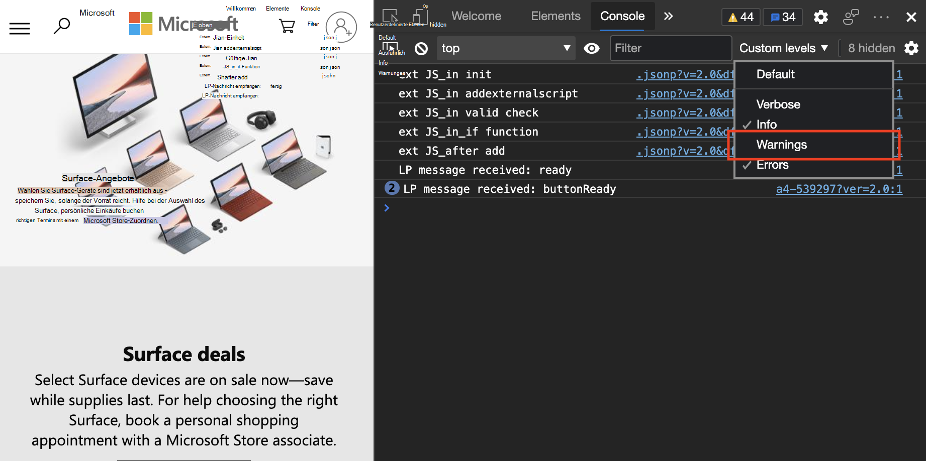 Ausblenden aller Warnmeldungen in der Konsole, um einen Großteil des Rauschens zu filtern
