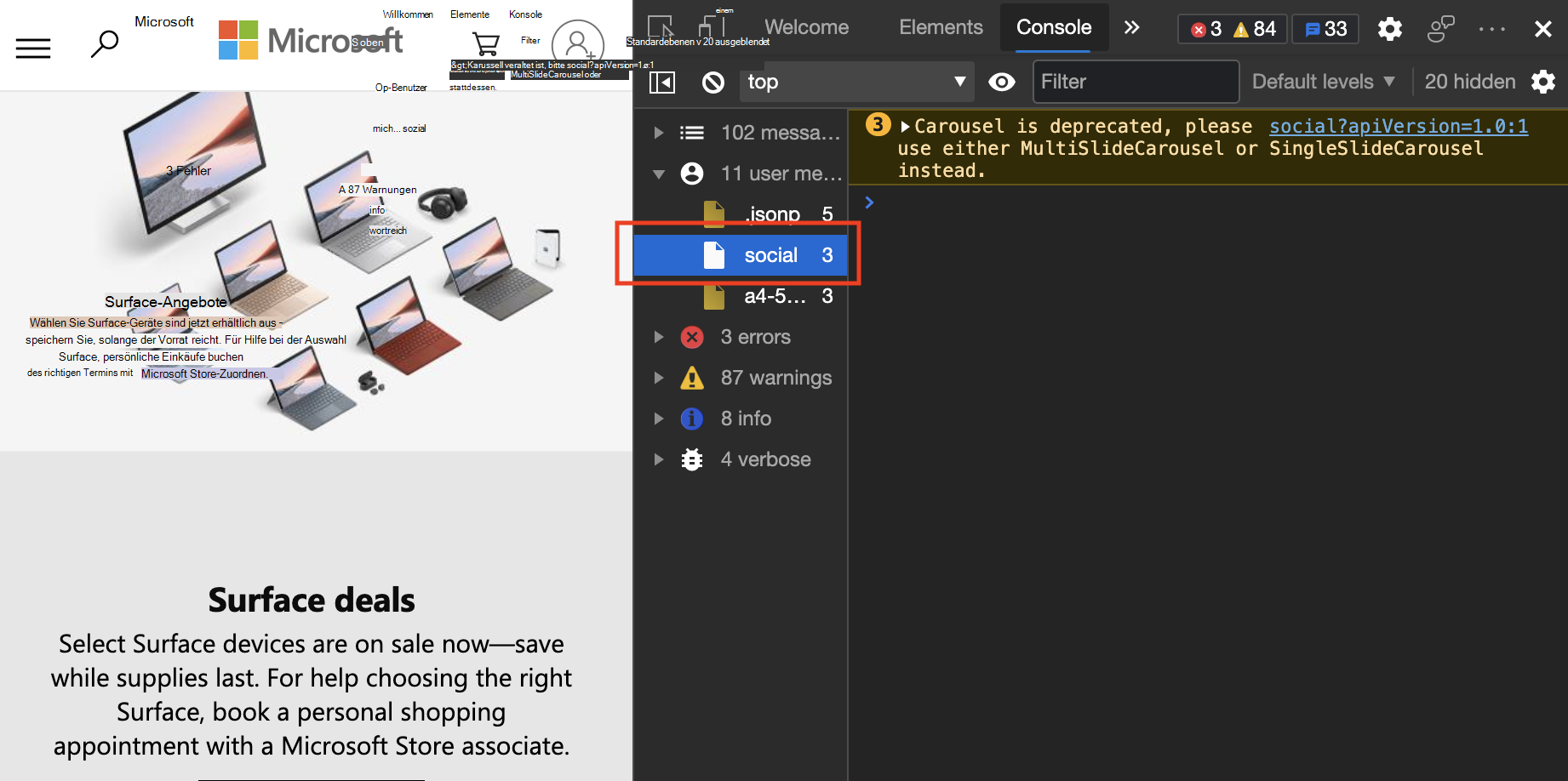 Wählen Sie eine der angezeigten Optionen aus, um Nachrichten nach Nachrichtentyp und Quelle zu filtern.