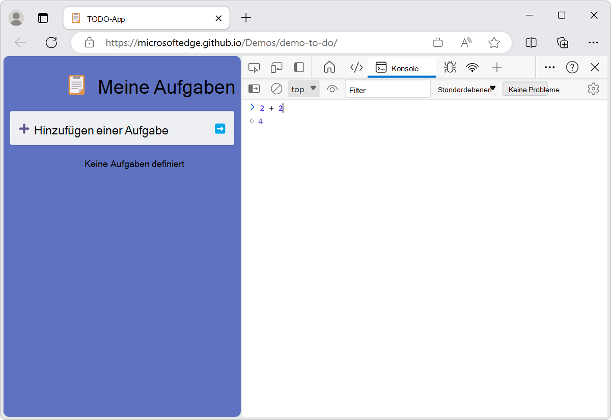In der Konsole wird das Ergebnis von 2+2 live angezeigt, während Sie es eingeben.