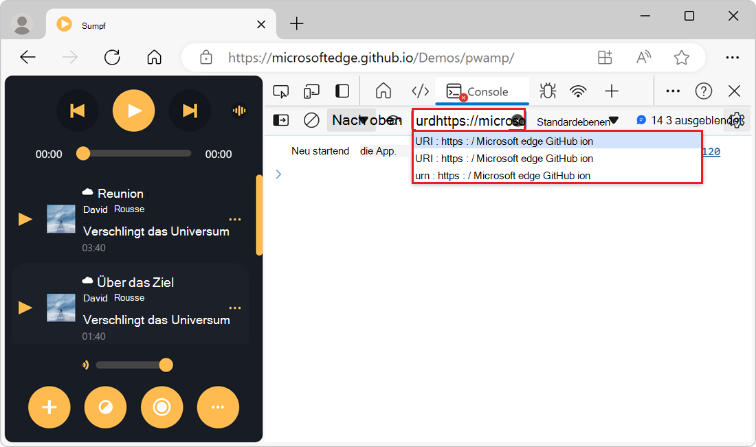 Die Dropdownliste des Textfelds Filter mit Skript-URLs