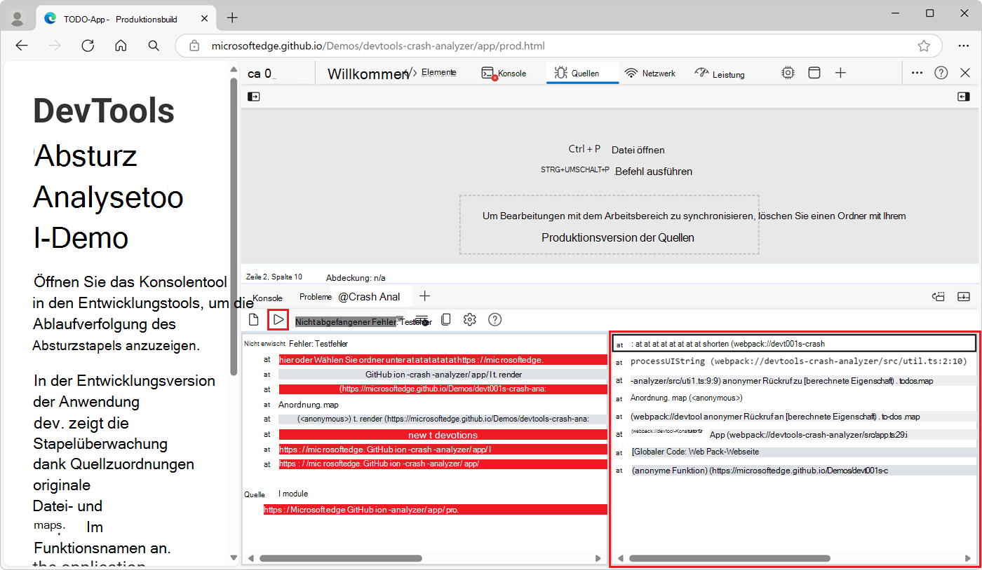 Verwenden des Absturzanalysetools zum Debuggen einer nicht schwerwiegenden JavaScript-Ausnahme