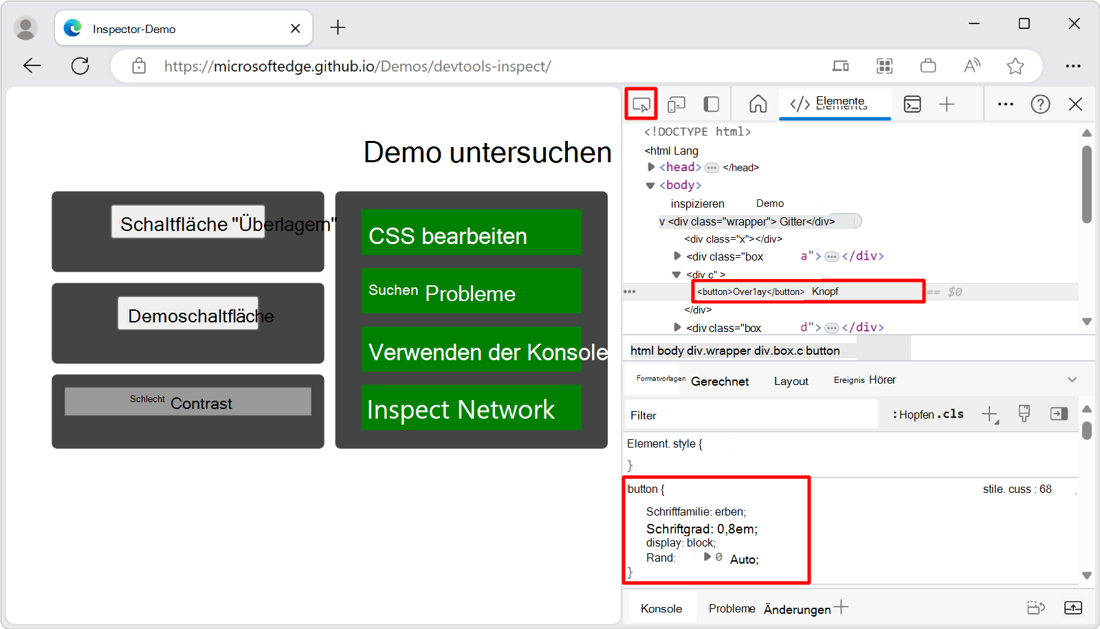 Wenn Sie auf der gerenderten Seite auf ein Element klicken, zeigt das Formatvorlagentool die Formatvorlagen an, die auf das Element angewendet werden.
