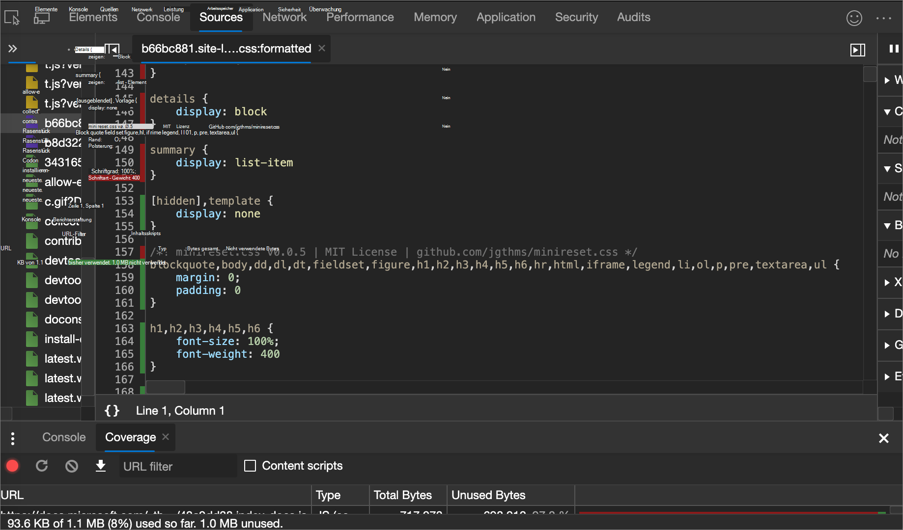 Eine zeilenweise Aufschlüsselung verwendeter und nicht verwendeter CSS-Dateien