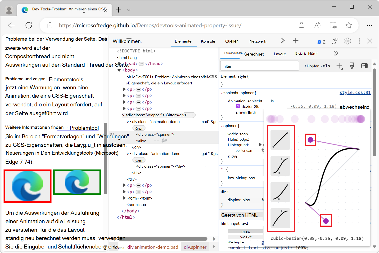 Auswirkungen von Änderungen im Easing-Editor