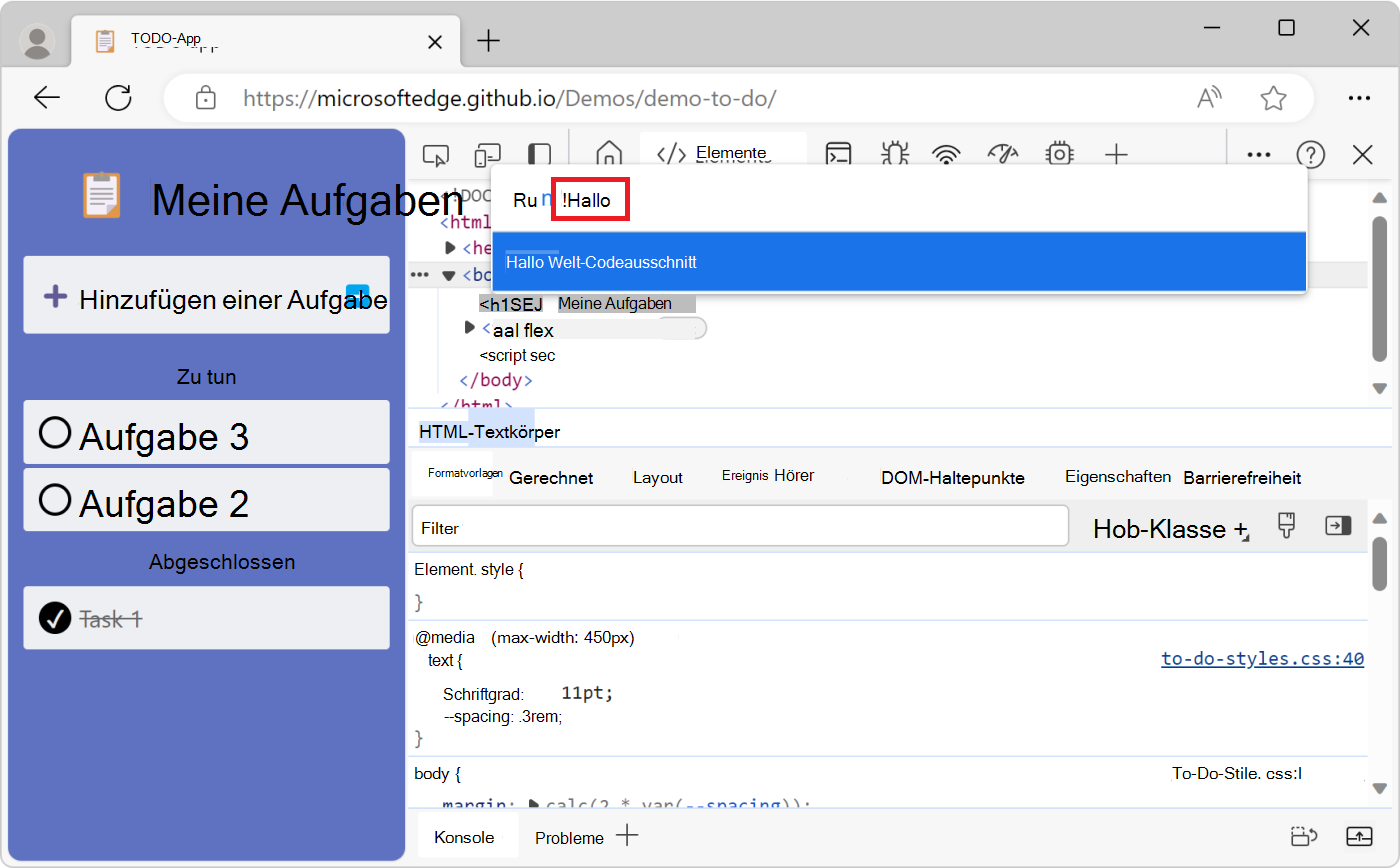 Ausführen eines Ausschnitts über das Befehlsmenü