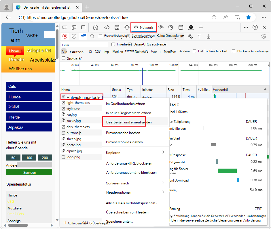 Klicken Sie mit der rechten Maustaste auf eine Ressource für die Webseite, um im Netzwerktool 