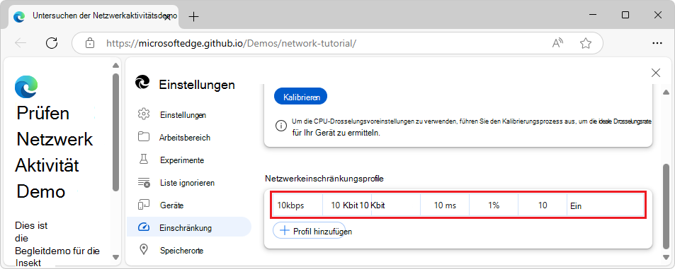 Erstellen eines benutzerdefinierten Drosselungsprofils in devTools > Settings > Drosselung