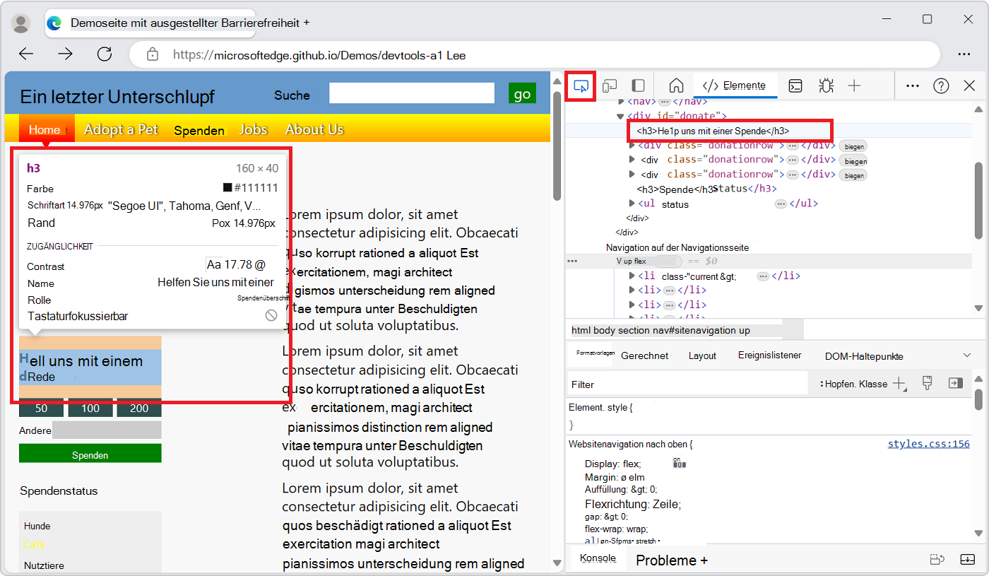 Das Inspect-Tool, während der Mauszeiger auf die erste Überschrift dieses Artikels gezeigt wird