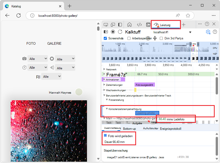 Eine benutzerdefinierte Spur mit benutzerdefinierten Einträgen, die mit der console.timeStamp-API hinzugefügt wurden