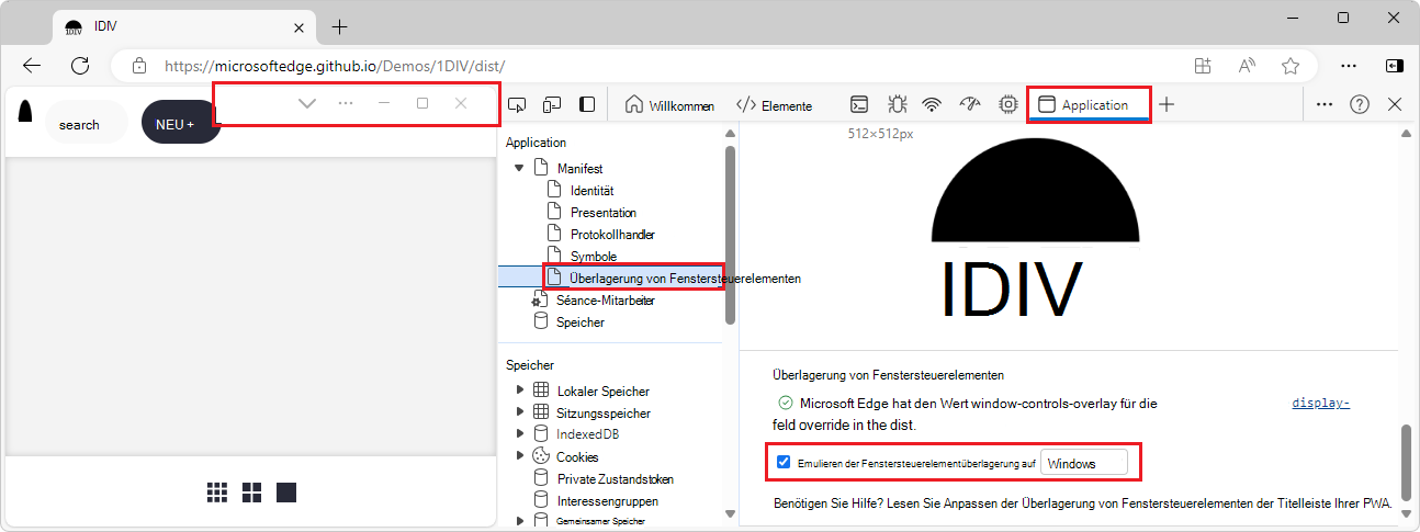 Überlagerung von Fenstersteuerelementen in der oberen rechten Ecke der Demo-Webseite