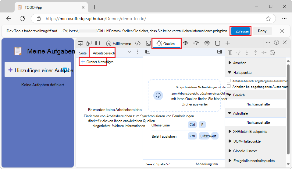 DevTools fordert Zugriff zum Hinzufügen eines Ordners zum Arbeitsbereich an