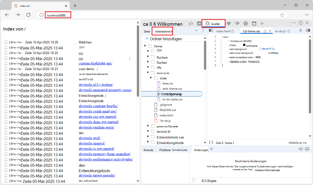 Der Server wurde über das Verzeichnis /demos/ anstelle eines bestimmten Demo-Unterverzeichnisses gestartet.