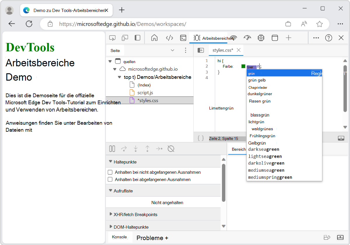 Bearbeiten Sie CSS im Editor-Bereich, um die Textfarbe der H1-Überschrift in Grün zu ändern.