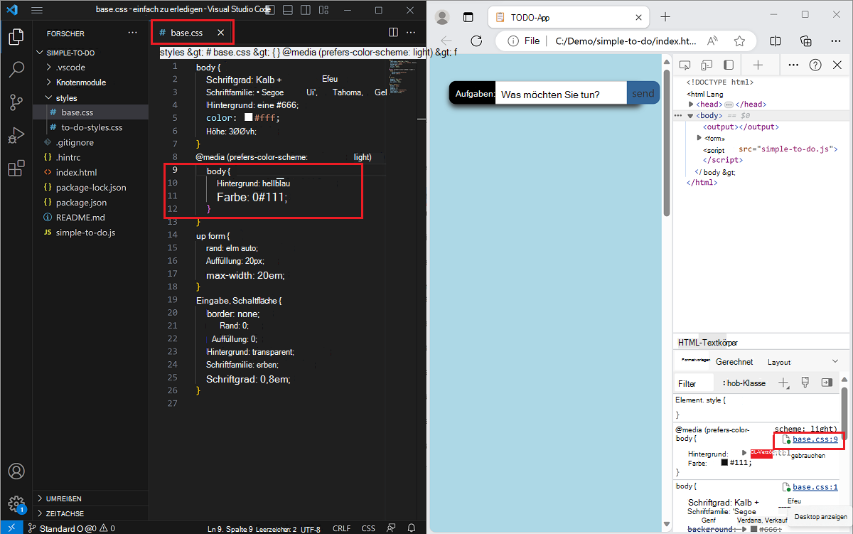 Visual Studio Code mit den Stammordnerdateien und der ausgewählten Datei geöffnet