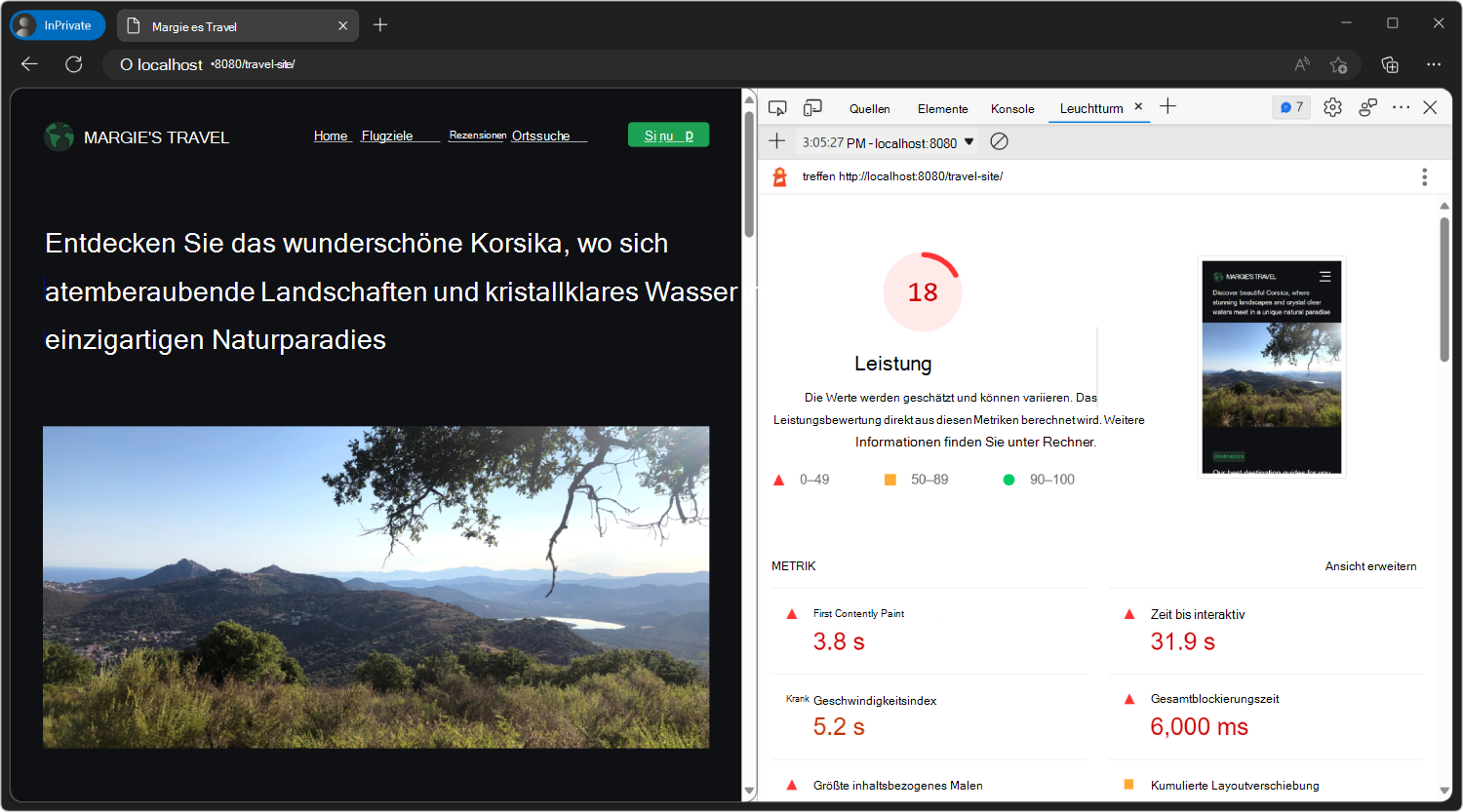 Der Bericht für das Lighthouse-Tool zur Leistung der Website in einem InPrivate-Fenster