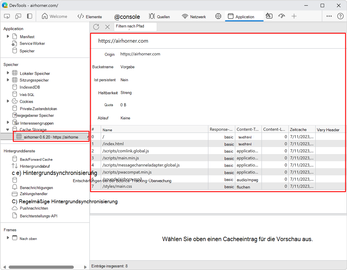 Anzeigen des Inhalts eines Caches