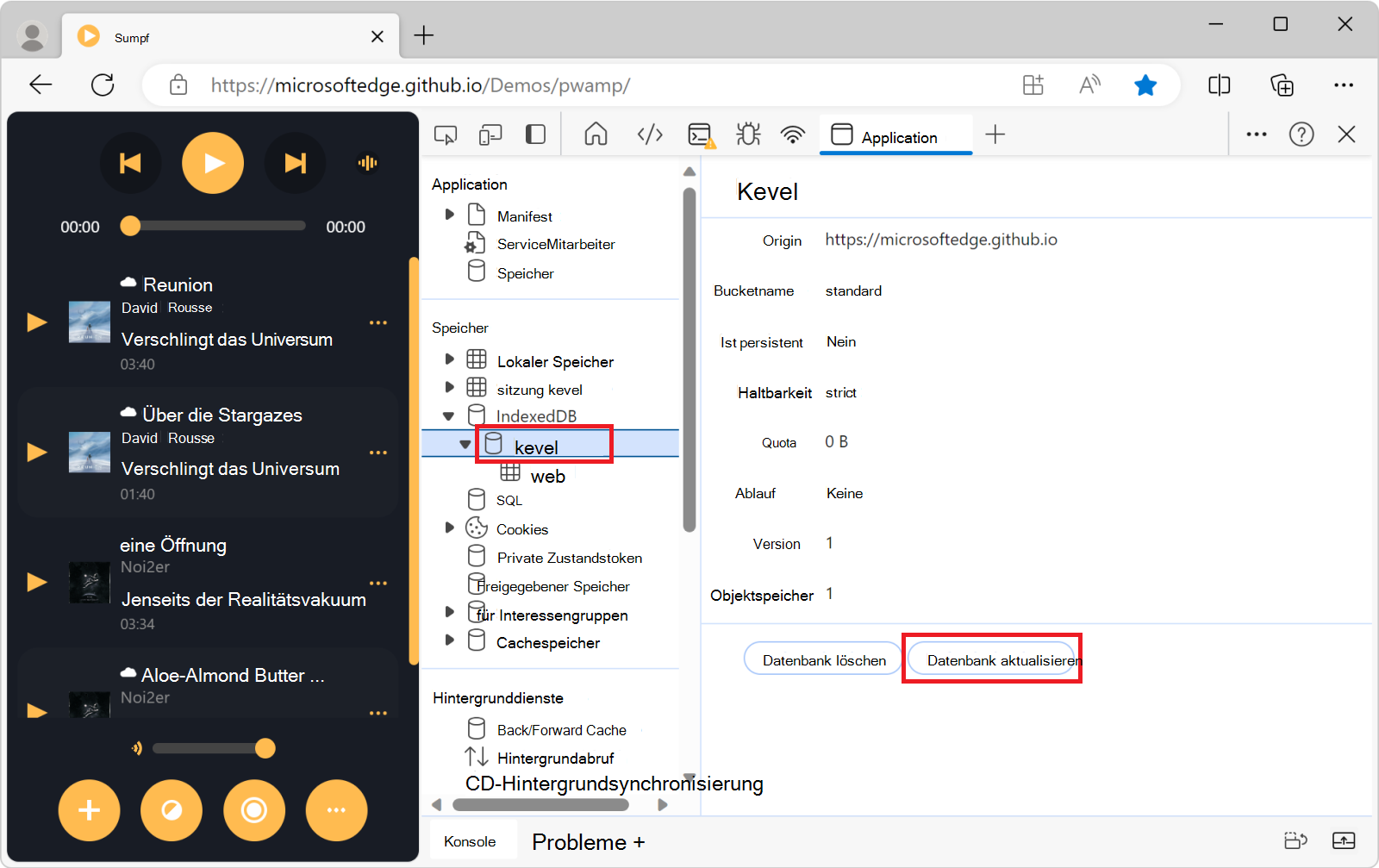 Die Datenbankansicht mit der Schaltfläche 