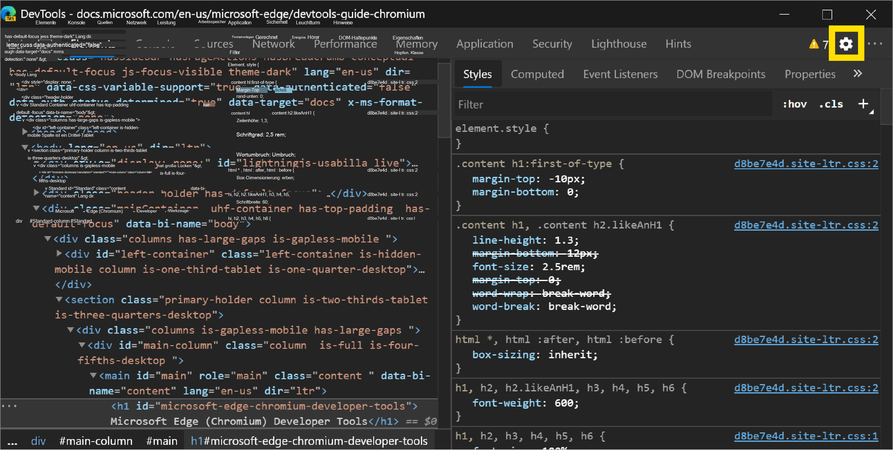 Das Zahnradsymbol öffnet Einstellungen in DevTools.